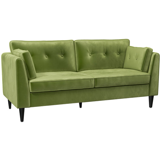 Classic 2-Seater Sofa in Velvet with Cushions and Button Quilting, 172x75x82cm, Green