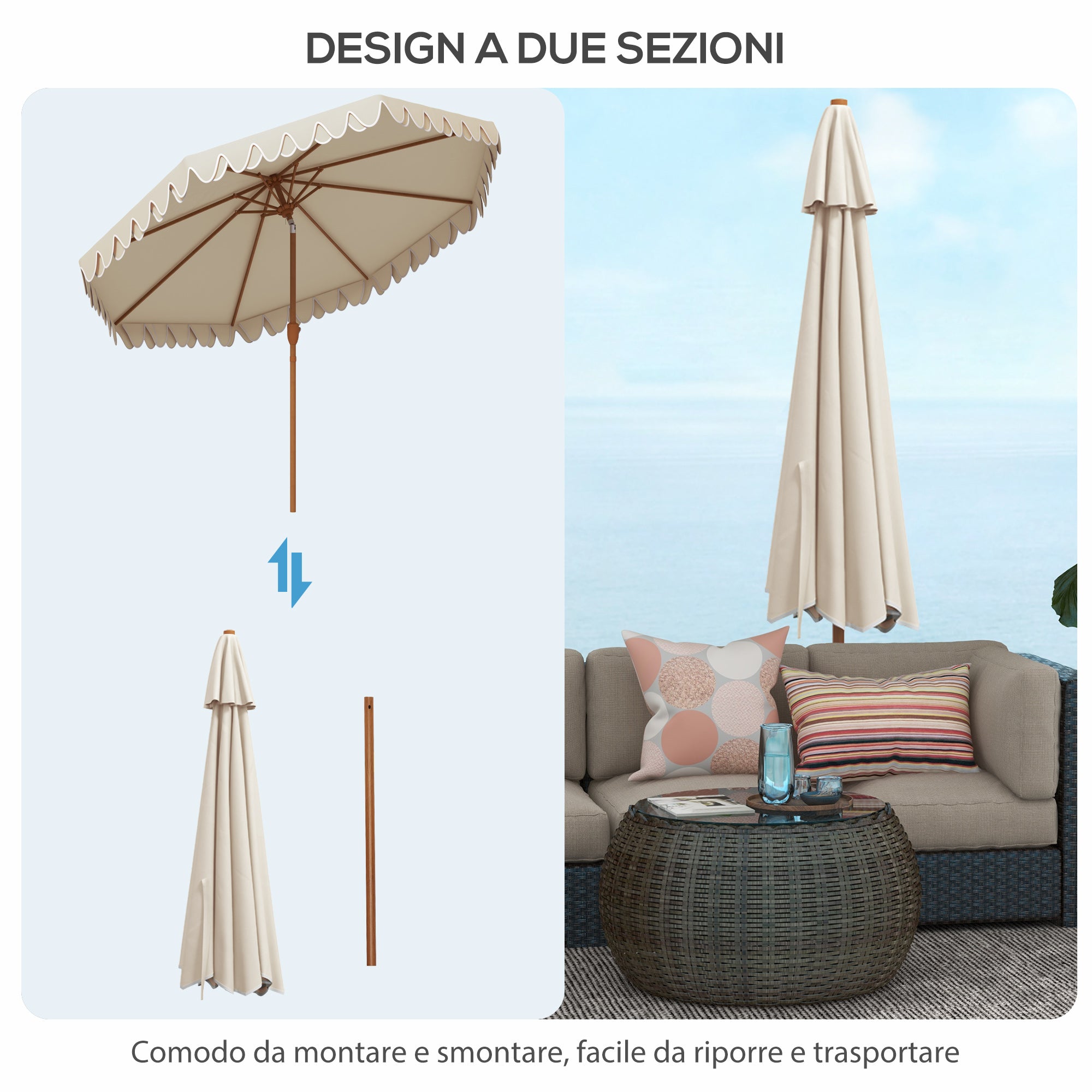 Garden Umbrella with Crank and Tilting, Air Vents and 8 Ribs, 2.7x2.4 m, Cream