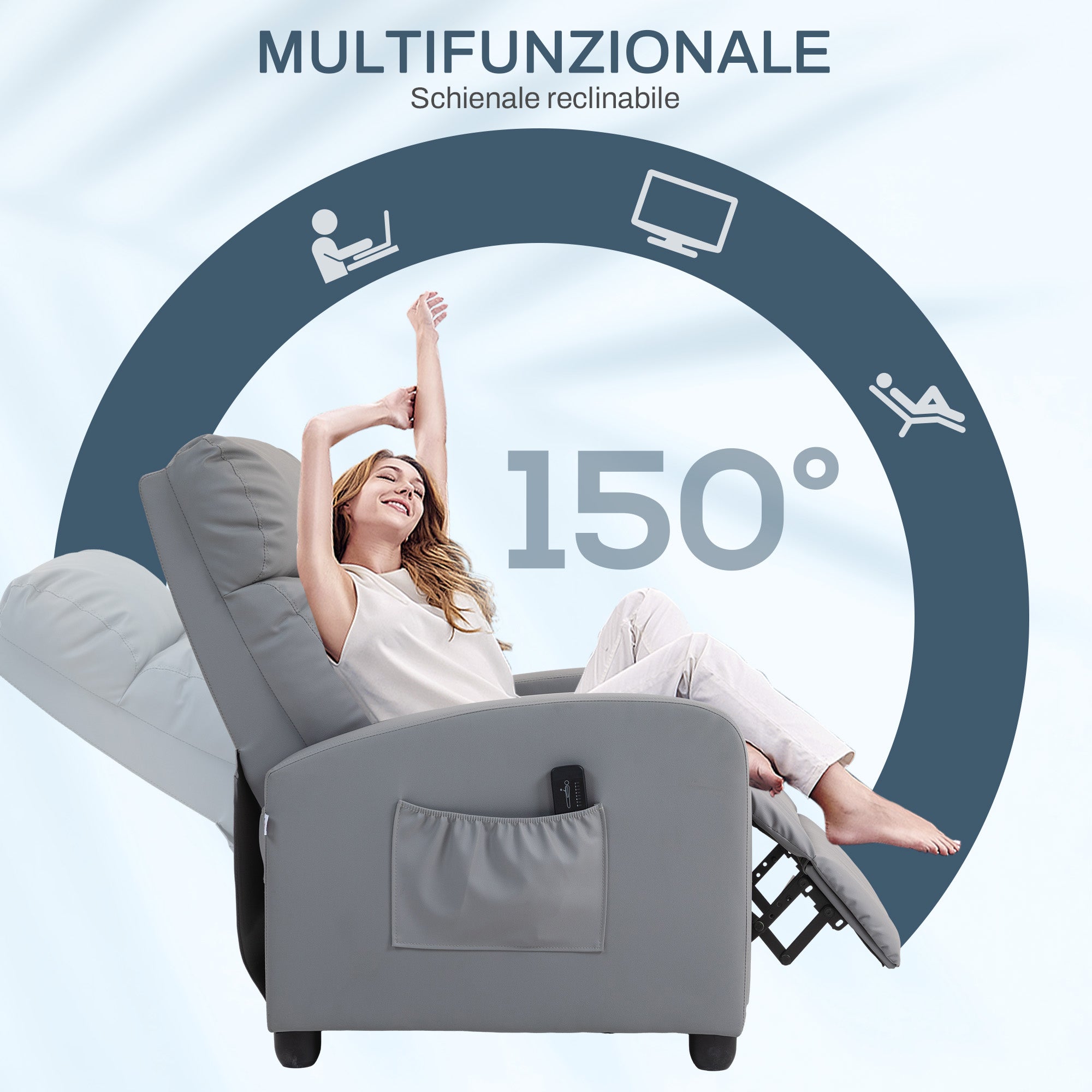 Massage Relax Chair with Remote Control and 8 Programs, Reclining and Footrest, Light Grey