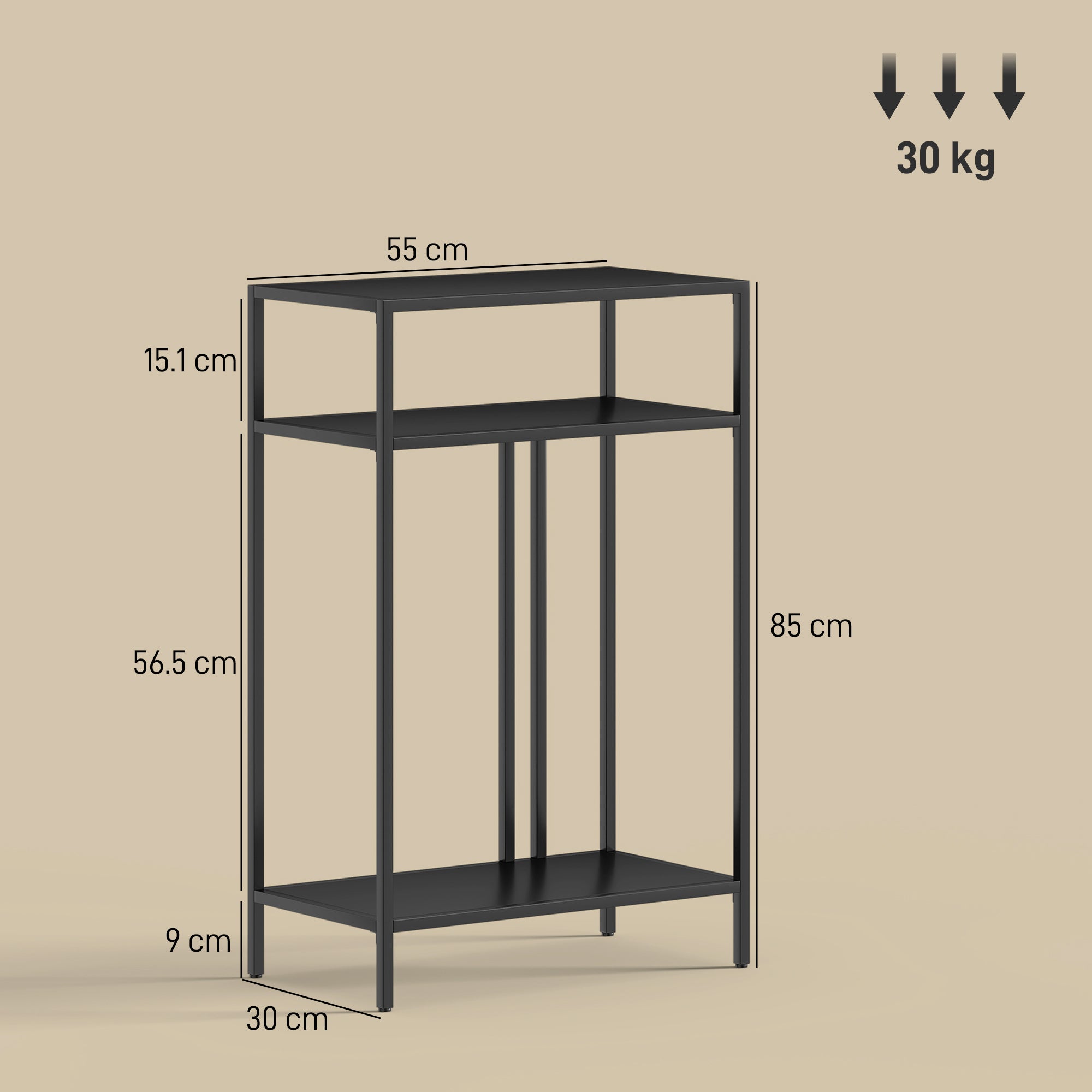 HOMCOM Console Table with 3-Tier Open Shelves, Steel, 55x30x85 cm, Black