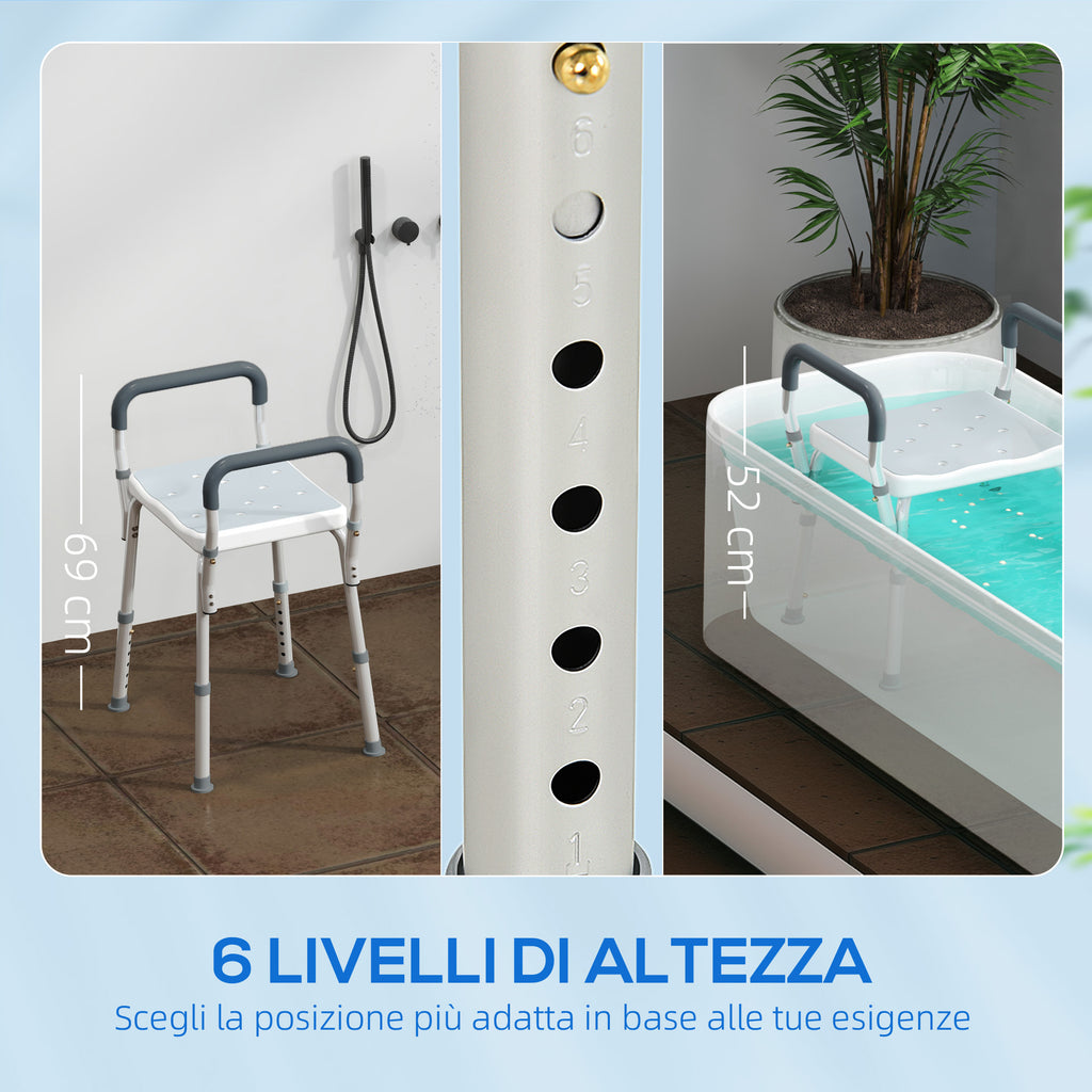 Adjustable Shower Stool with Armrests and Drainage Holes, Made of Aluminum, HDPE and EVA, 52x45x57-69 cm