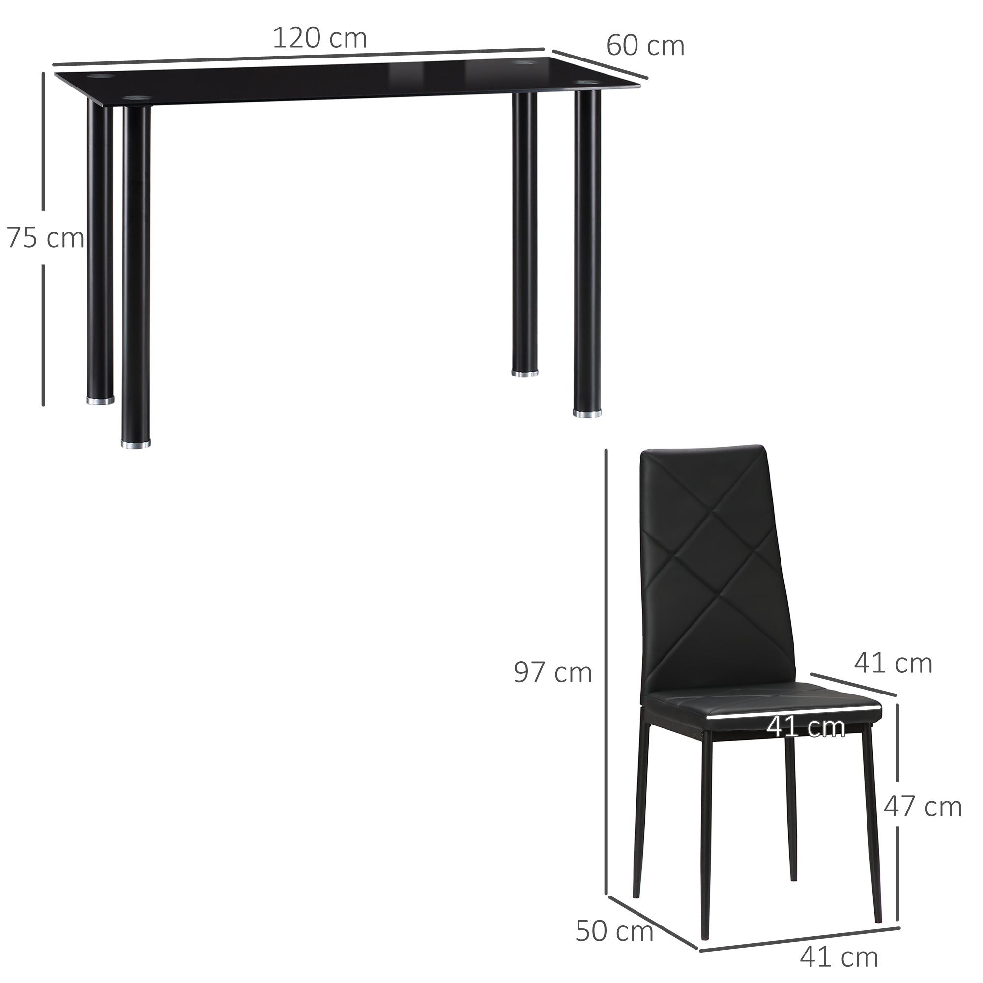 Dining Table and Chairs Set for 4, Modern 5 Pieces Kitchen Table Set with Glass Table, Padded Seat and Steel Frame - Borgè