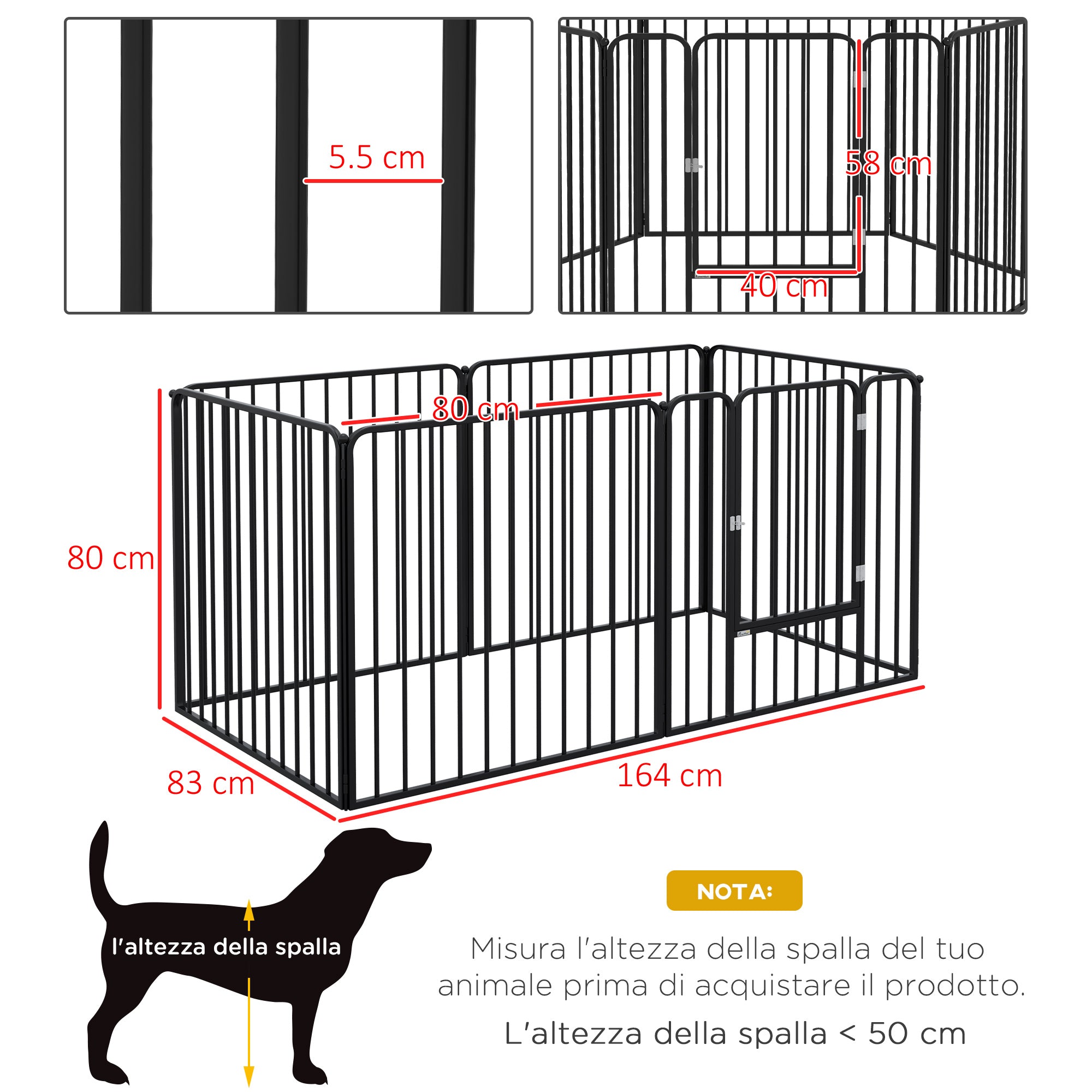 PAWHUT FENCE FOR 6 DOGS with 6 modular and outdoor modular panels, in steel, 164x83x80 cm, black - Borgè