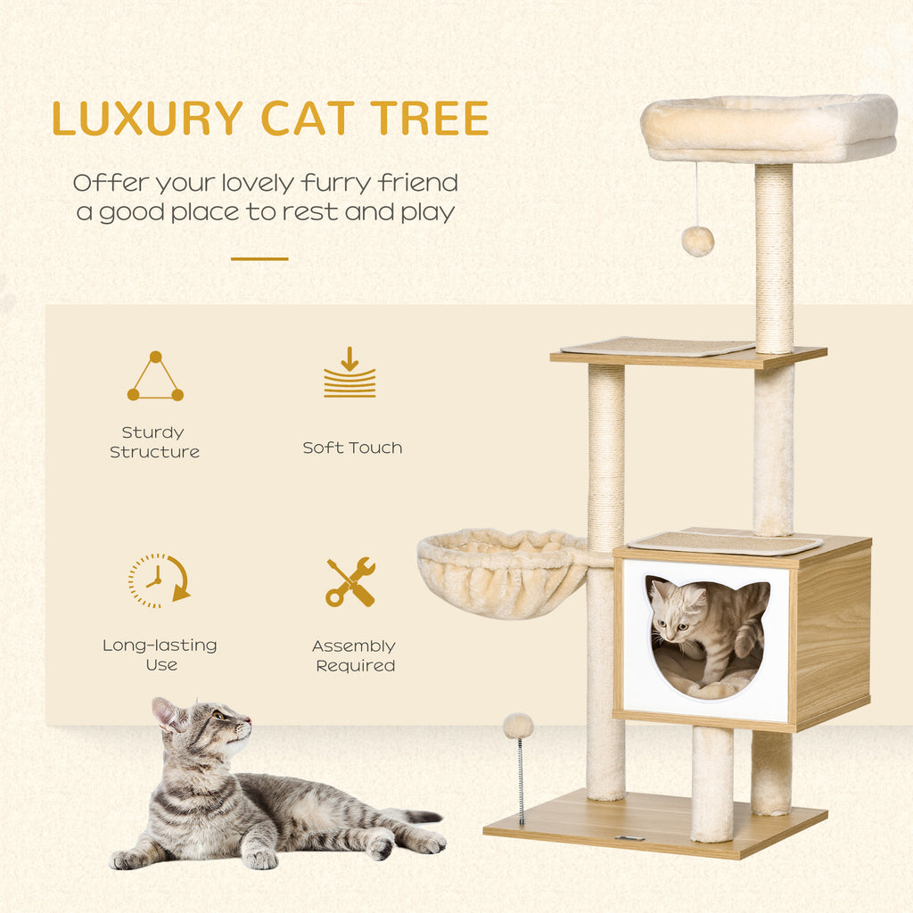 Cat Scratching Post with 2 Posts, House, Hammock, Bed and 2 Balls, Made of Wood, Fleece and Sisal, 48x40x126 cm