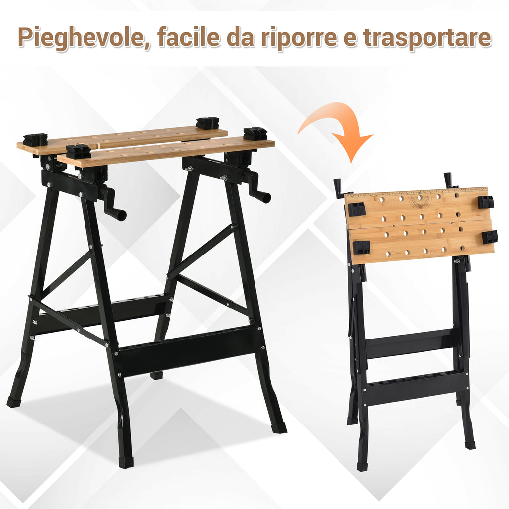 Folding Workbench with 4 Vices, Ruler and Protractor, 150 kg Capacity, Black and Wood