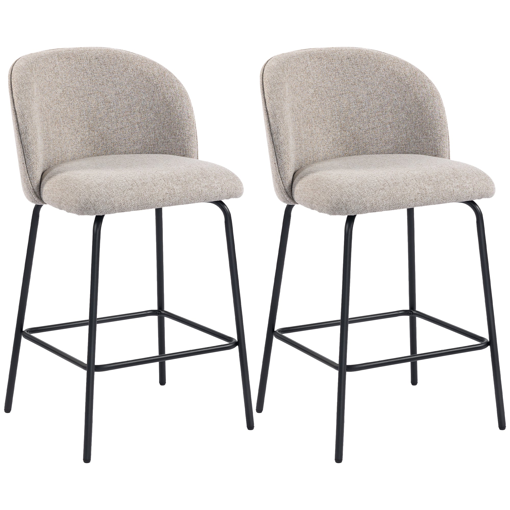 Set of 2 Bar Stools with Backrest and Footrest, Fabric Upholstery and Steel Legs, Grey