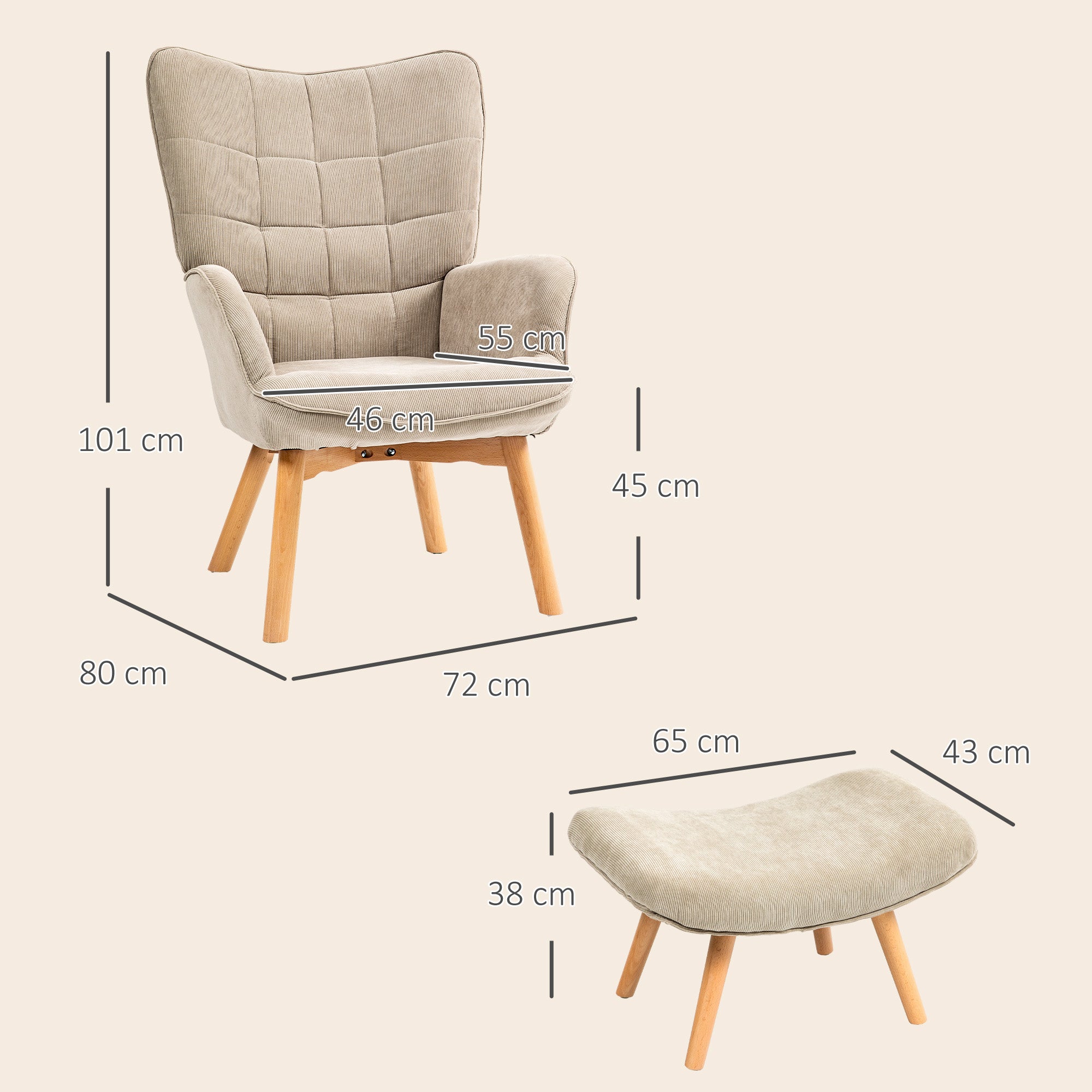 Contemporary Velvet Fabric Armchair with Footstool, 72x80x101 cm, Light Brown