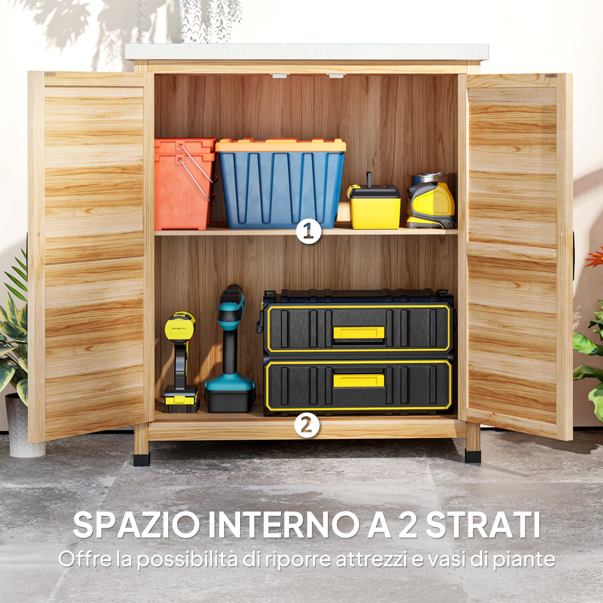Outdoor Cabinet with Internal Shelf and Work Bench, in Wood and Galvanized Steel, 79x43x92 cm, Wood color