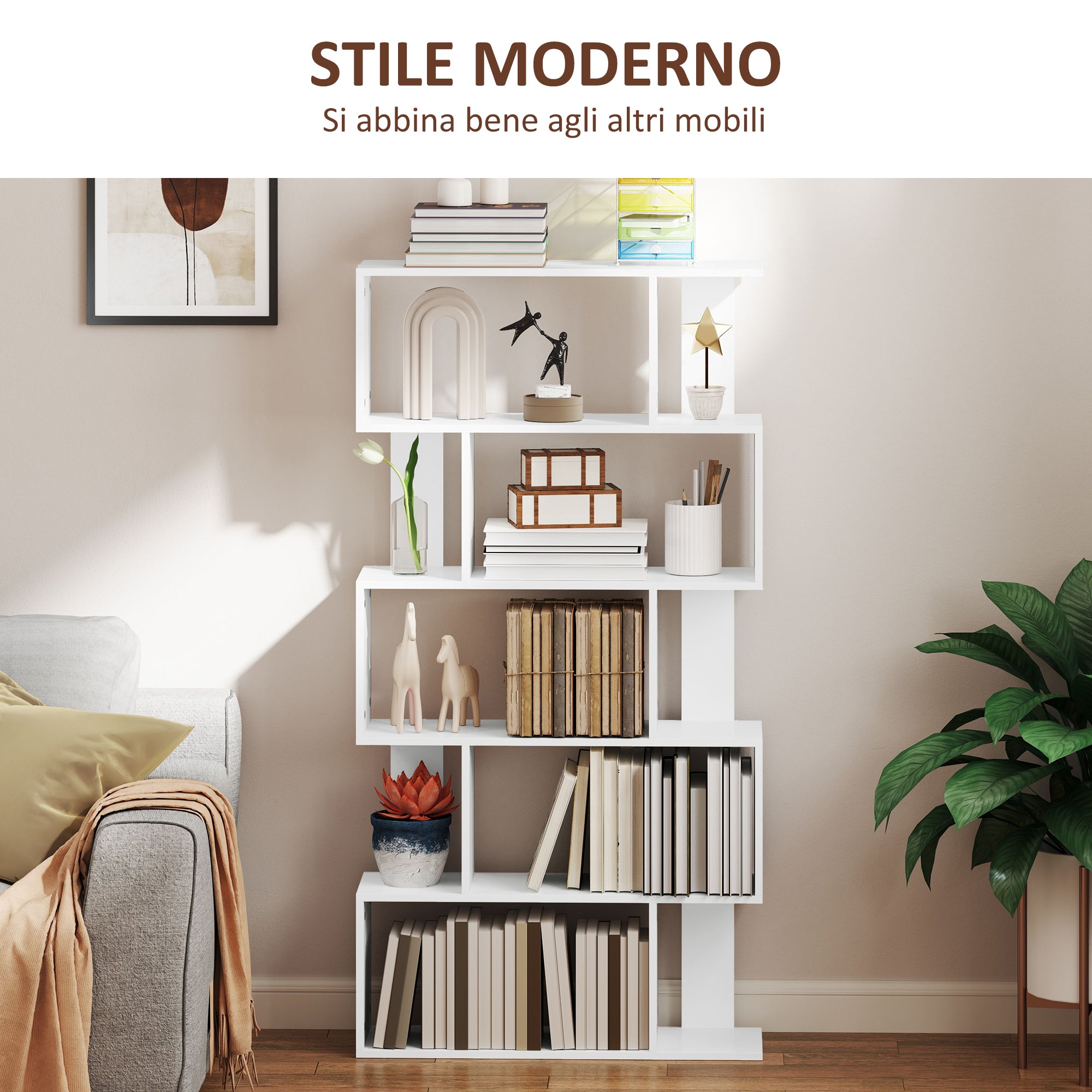 5-Tier S-Shaped Asymmetric Bookcase with 10 Open Shelves, Wooden, 80x24x159 cm, White