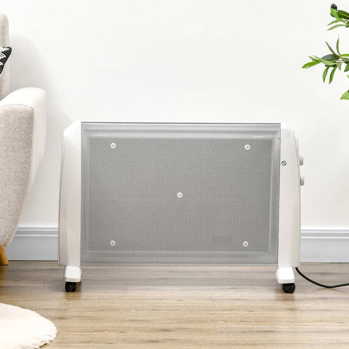 HOMCOM 1000W/2000W Electric Mica Heater with Adjustable Thermostat, 4 Wheels, 15-20 m², White