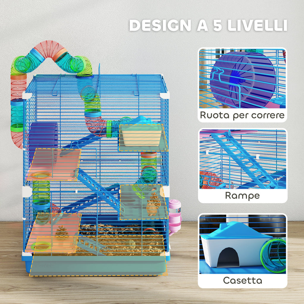 5-Level Hamster Cage with Tubes, Wheel, Ladders, House and Bottle, 46x30x58 cm