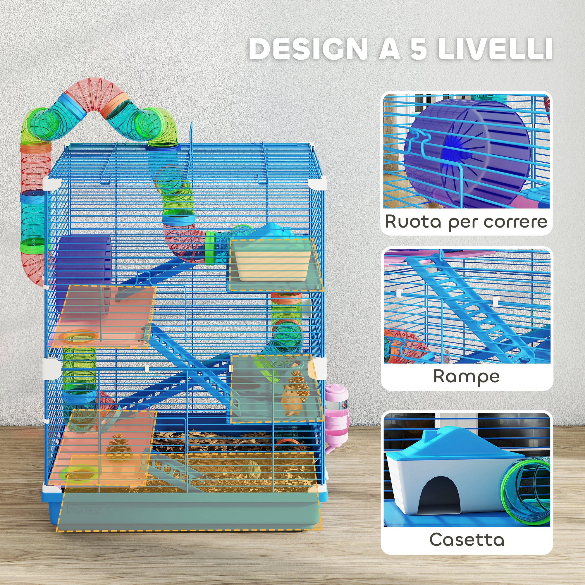 5-Level Hamster Cage with Tubes, Wheel, Ladders, House and Bottle, 46x30x58 cm