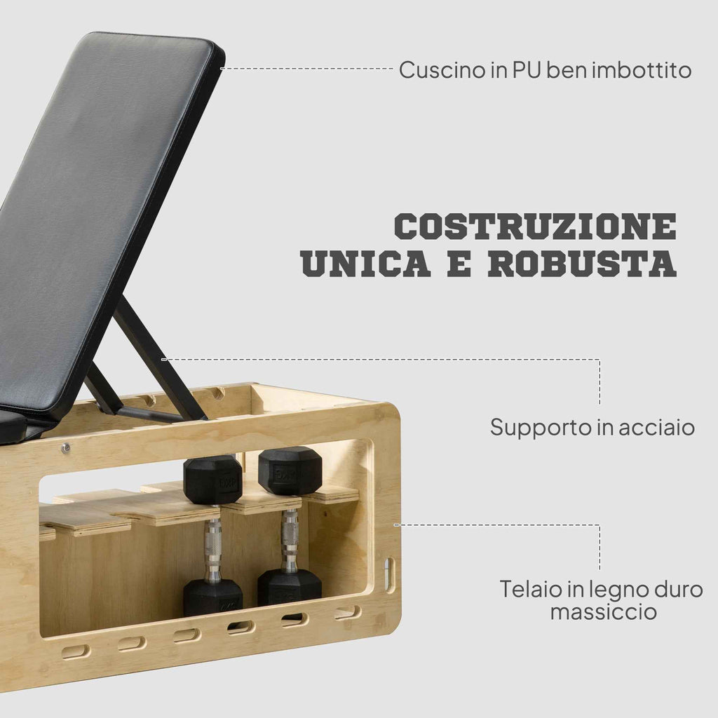 HOMCOM Multifunctional Bench with Adjustable Backrest, Storage Compartment, Rack for Weights and Elastic Bands, Wood