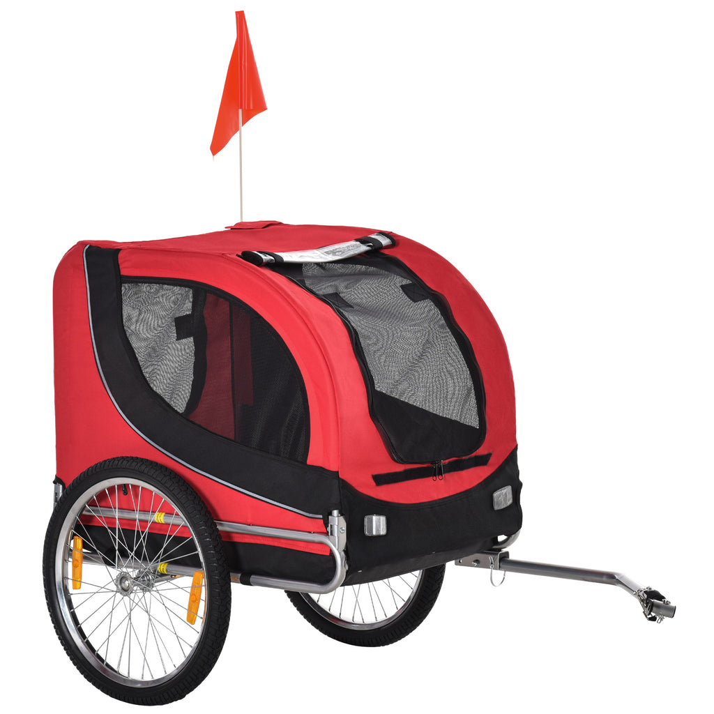Medium Dog Bike Trailer with Attachment Point, Side Windows and Flag, Steel and Oxford Fabric Bike Trailer, 130x73x90 cm, Red and Black