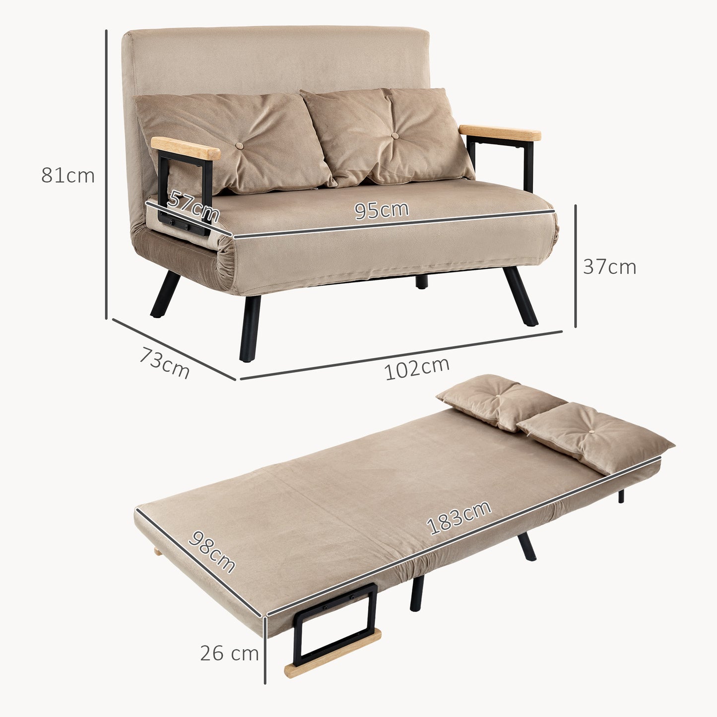 Velvet Fabric Sofa Bed 3 in 1 with Adjustable Backrest and 2 Cushions, 102x73x81 cm, Light Brown