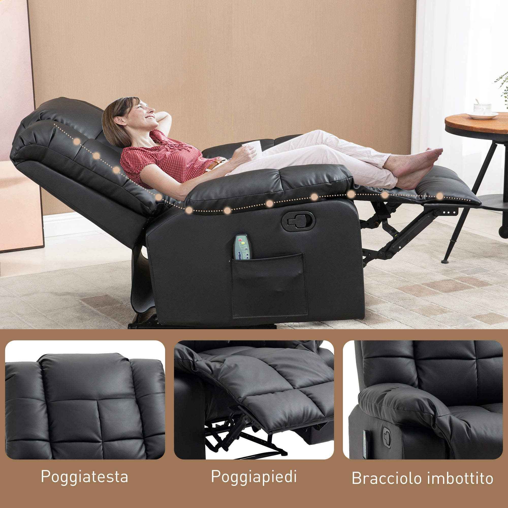 HOMCOM Relaxing Chair with 8 Massage Points and 165° Reclining in Faux Leather, Black