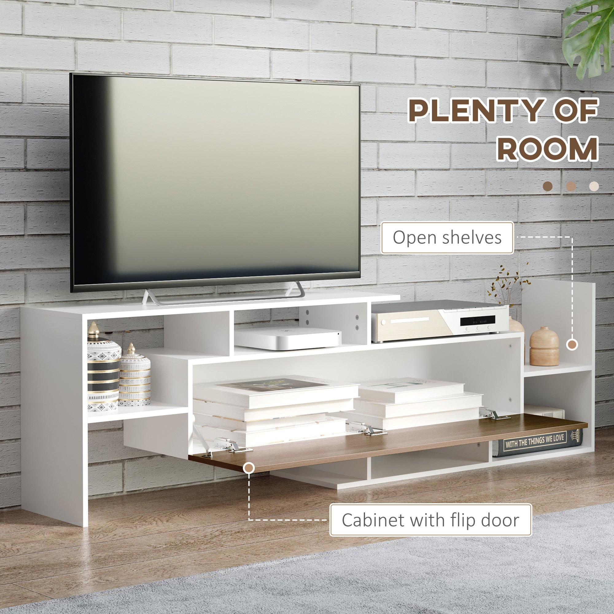 HOMCOM TV Cabinet with Wall Shelf, Open Shelves and Closed Cabinet, in White and Brown Chipboard - Borgè