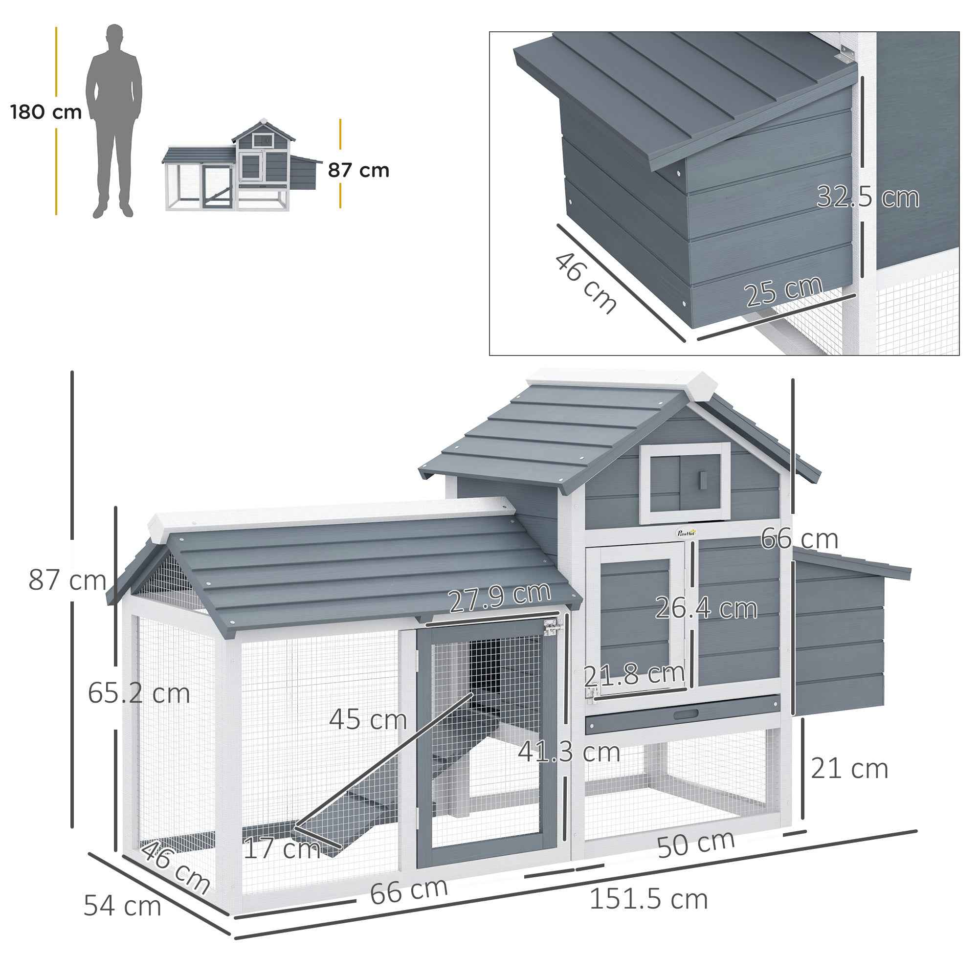 PawHut Wooden Chicken Coop, 151.5x54x87cm, Dark Grey