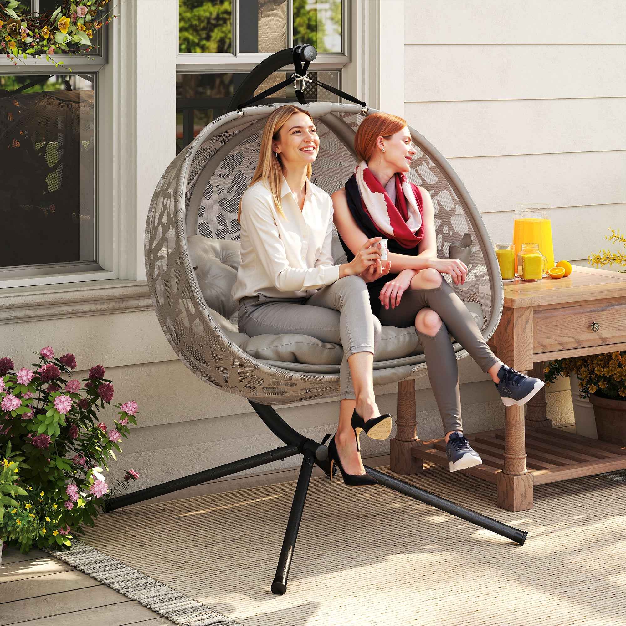 Outsunny 2-Seater Hanging Chair with 2 Pockets, 2 Cushions and Folding Basket, 126x126x176 cm