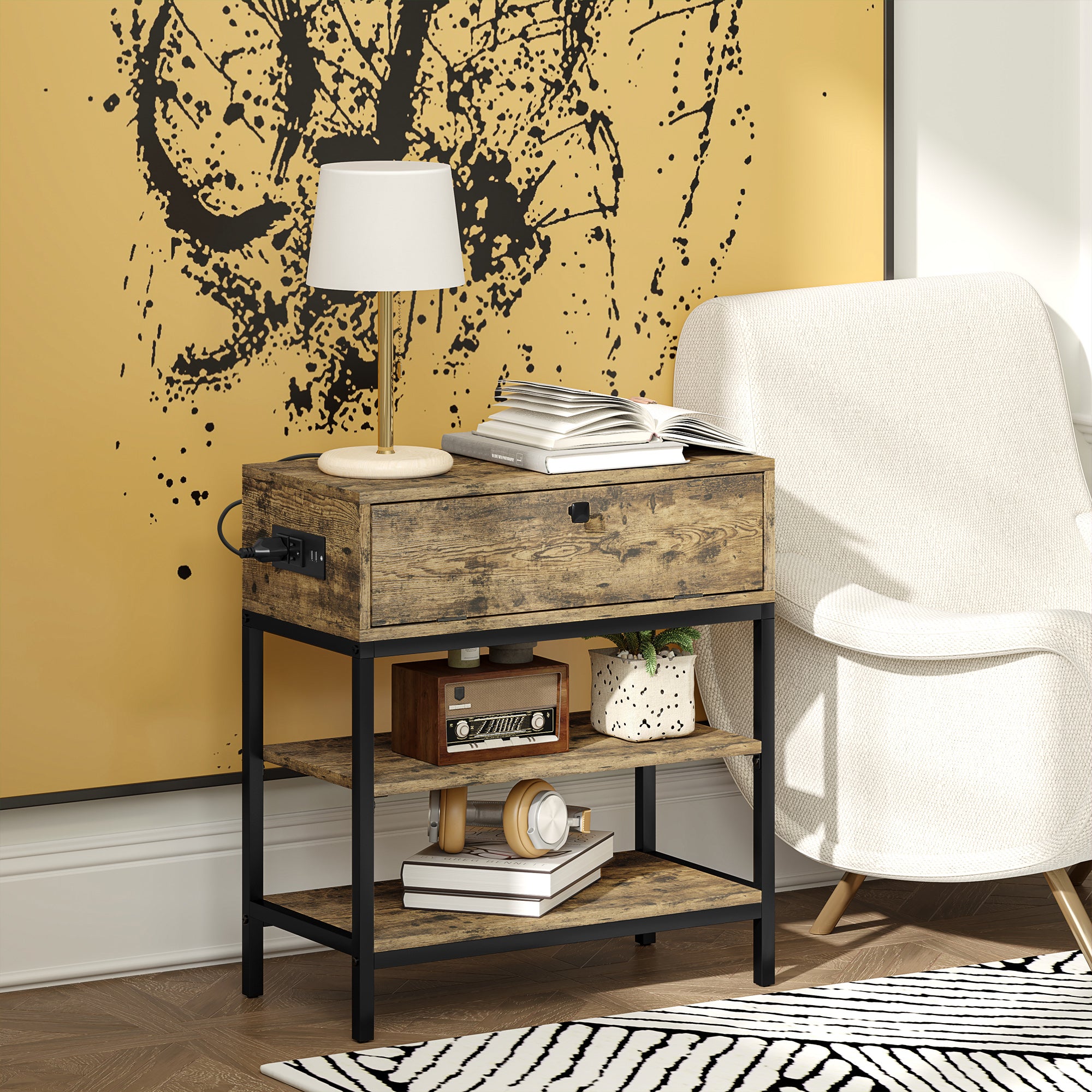 Sofa Table with Drawer and 2 Shelves Industrial Style, in Wood and Metal, 60x30x66.5 cm, Black and Brown