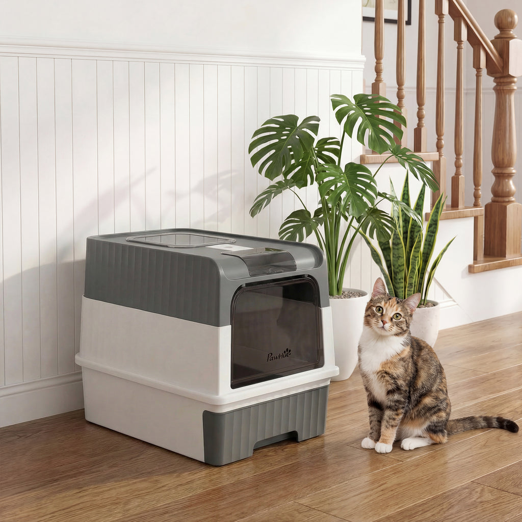 PawHut Cat Litter Box M with Lid, Removable Tray, Scoop, 4 Deodorant Packets, Grey