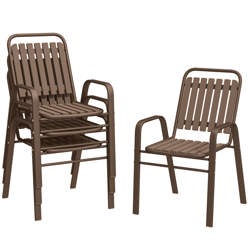 Set of 4 Stackable Outdoor Chairs with High Backrest and Armrests, in Steel and PP, 56x66x91 cm, Dark Brown