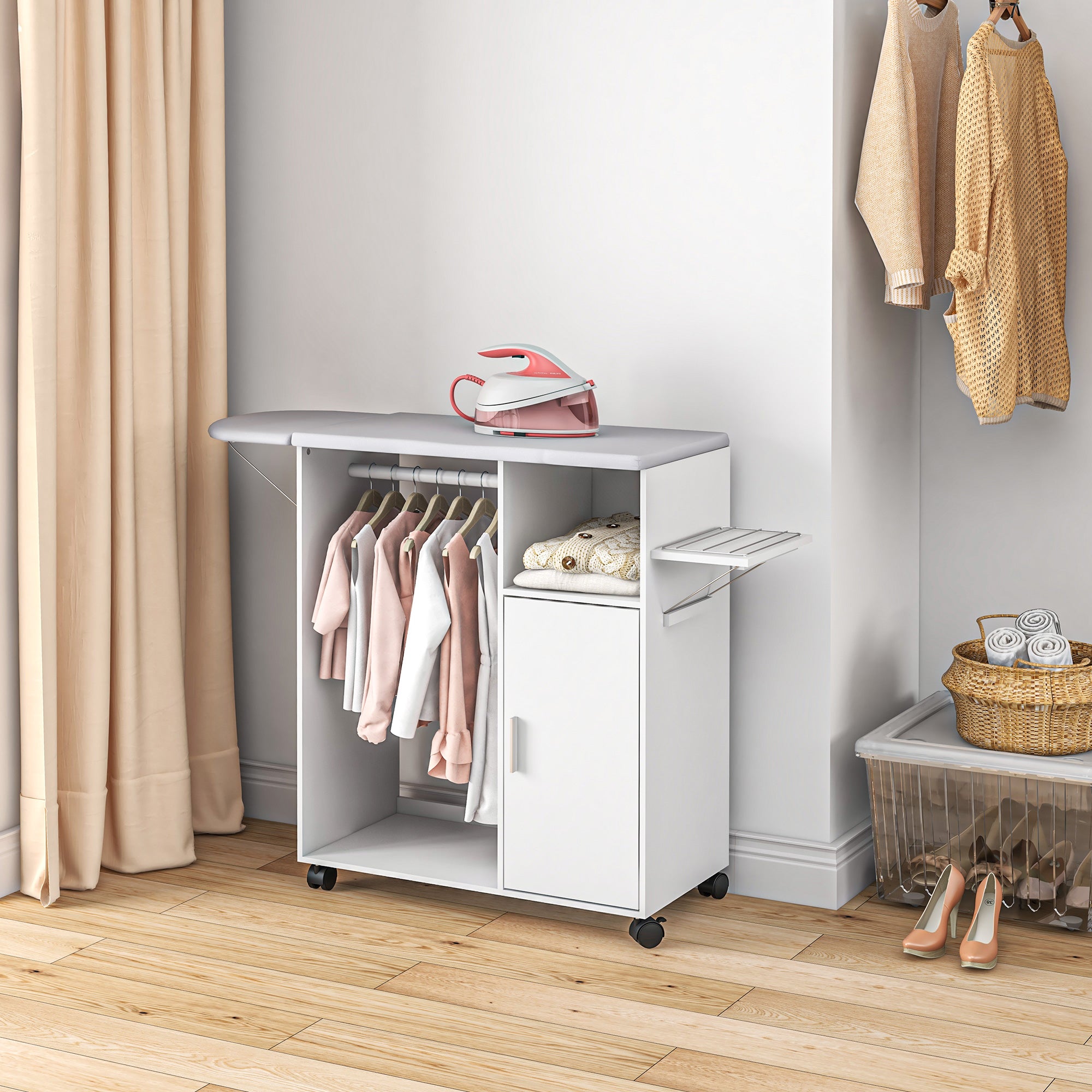 Mobile Ironing Board with Shelf, 3 Cube Shelves and Guide, 107x42.5x99cm, White - Borgè