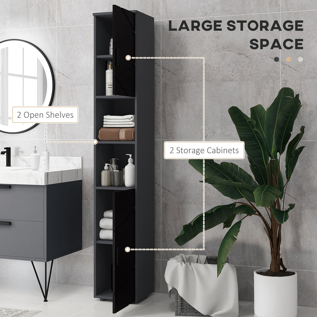 kleankin Bathroom Column in Chipboard with 2 Open Shelves and 2 2-Tier Cabinets, 30x30x183 cm, Black and Gray - Borgè