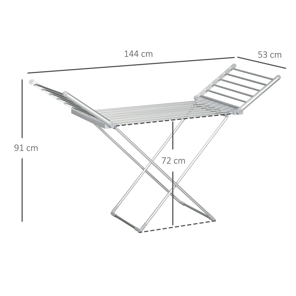 Electric Heated Drying Rack with Wings, Foldable, Space-Saving, Aluminum Alloy, 144 x 53 x 91 cm, Silver
