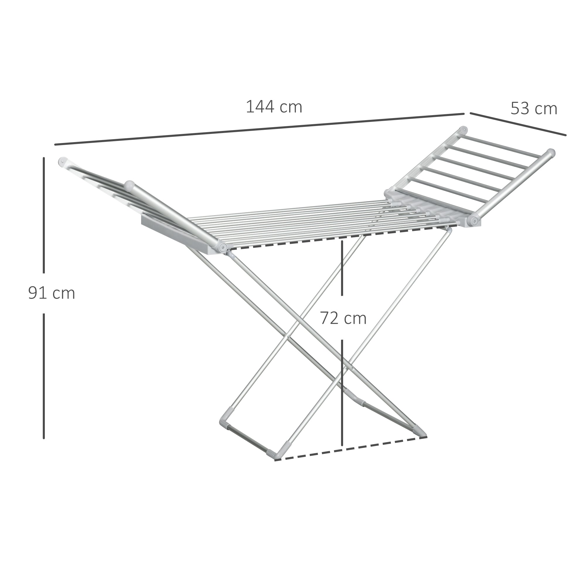 Electric Heated Drying Rack with Wings, Foldable, Space-Saving, Aluminum Alloy, 144 x 53 x 91 cm, Silver