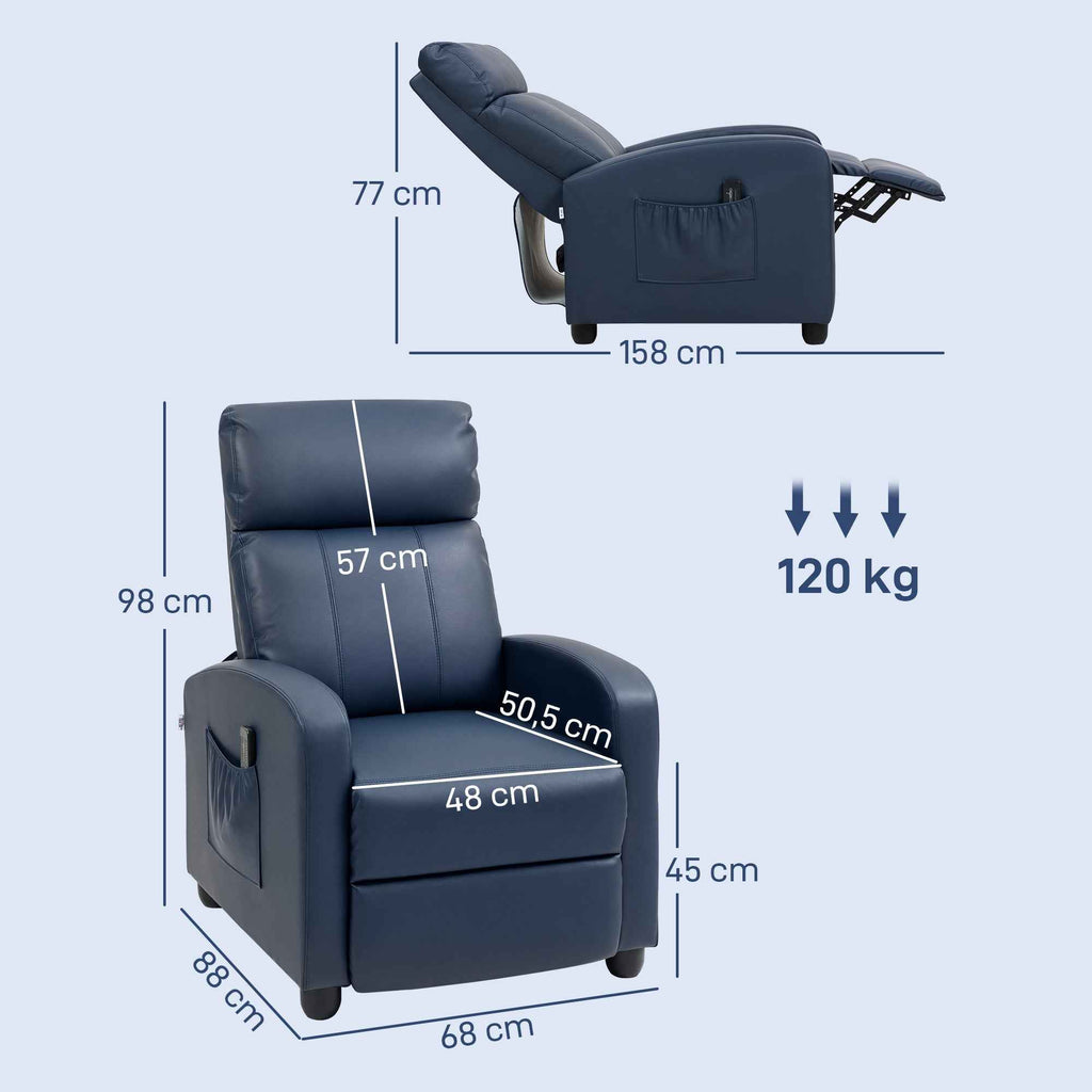 HOMCOM PU Leather Massage Recliner Chair with Remote Control and Footrest, 68x88x98 cm, Dark Blue