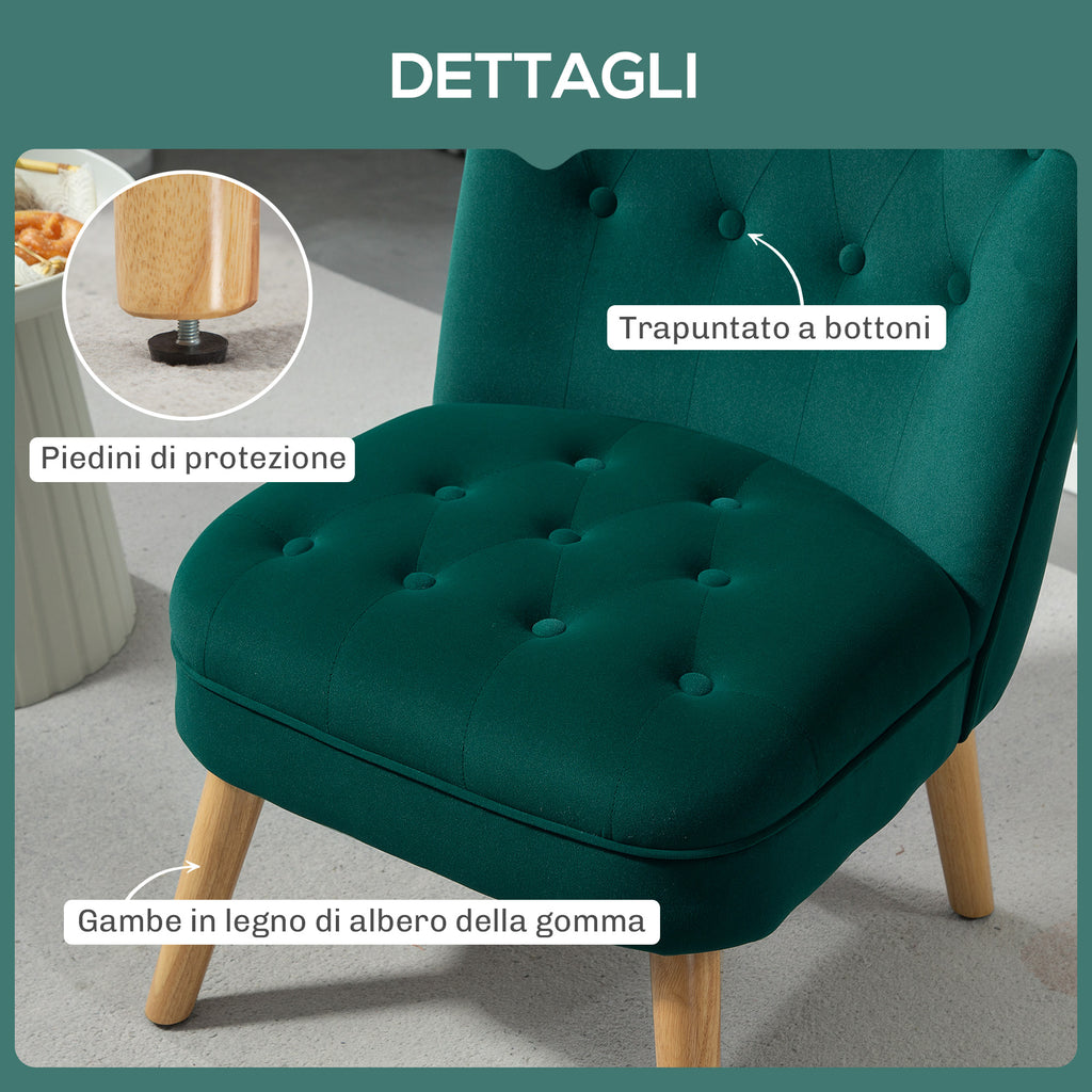 Velvet Lounge Chair with Padded and Quilted Seat with Buttons, 60x66x79 cm, Green