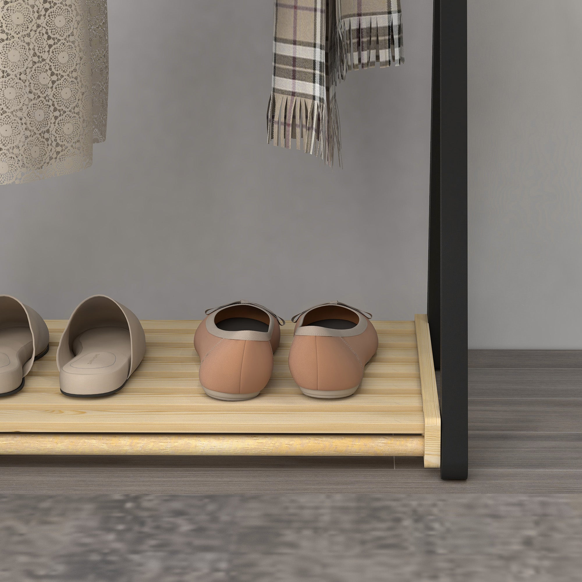 HOMCOM Wooden Floor Coat Rack with 2 Bars and Lower Shelf Modern Design, 61x45x152cm - Borgè