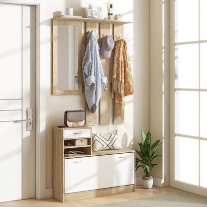 TWENTY | Coat Stand 3 in 1 with Shoe Rack and Mirror, Hooks and Drawers, in Wood, 90x24x177 cm, White and Oak