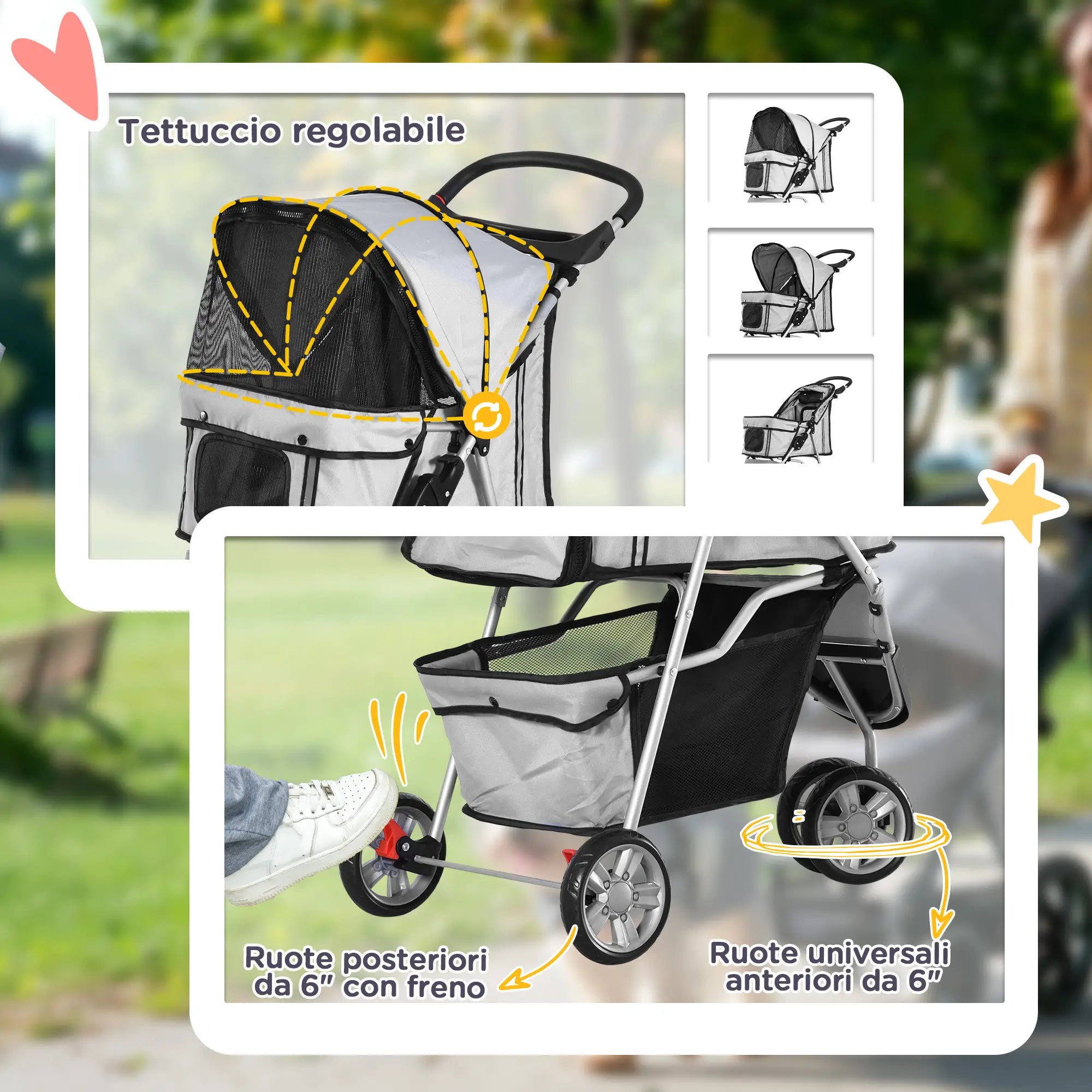Folding Dog Stroller with Cup Holder and Basket, Steel and Polyester, 75x45x97 cm, Grey - Borge' Group Limited