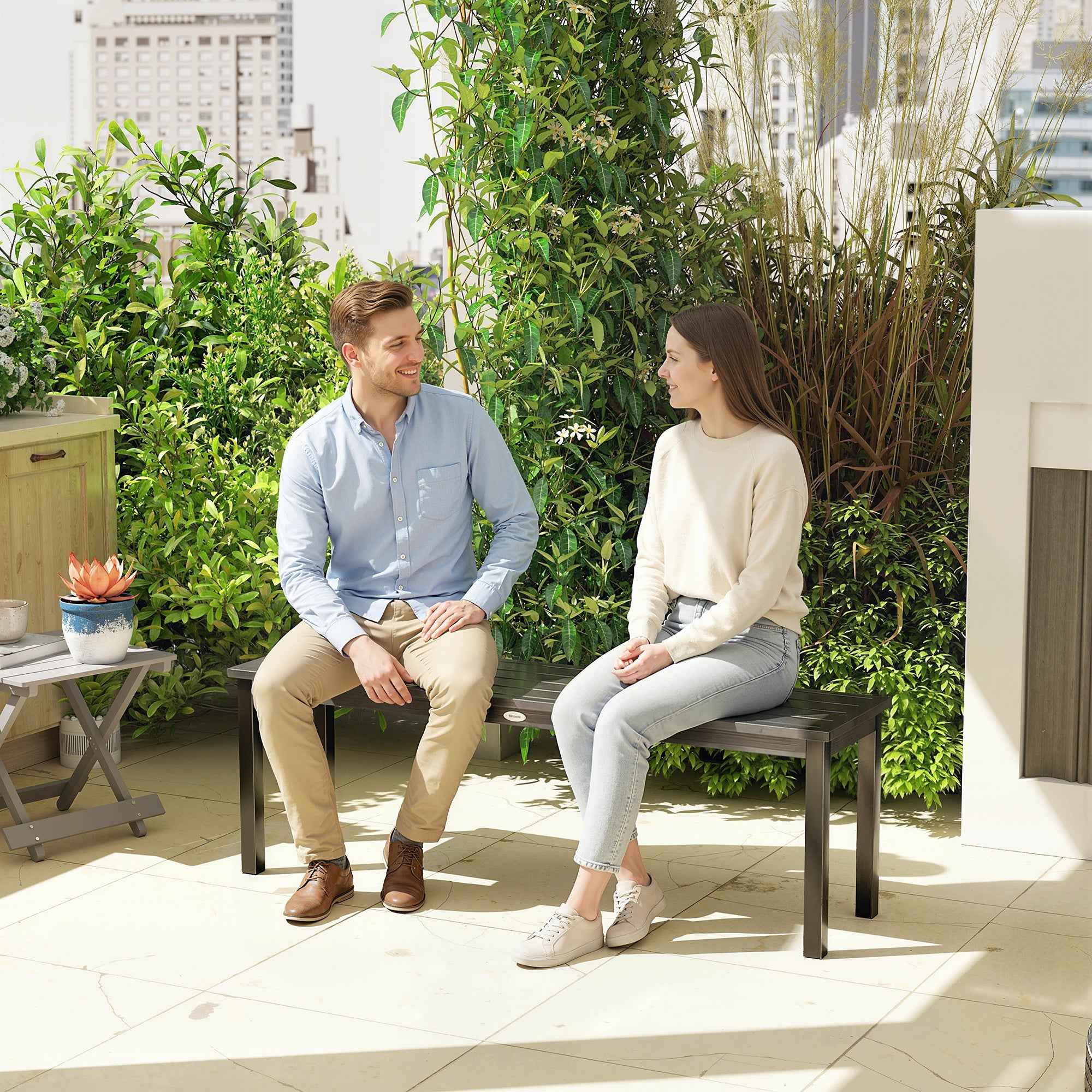 Outsunny 2-Seater Garden Bench with Wood-Effect Slats, Steel Frame, 130x34x43 cm, Grey