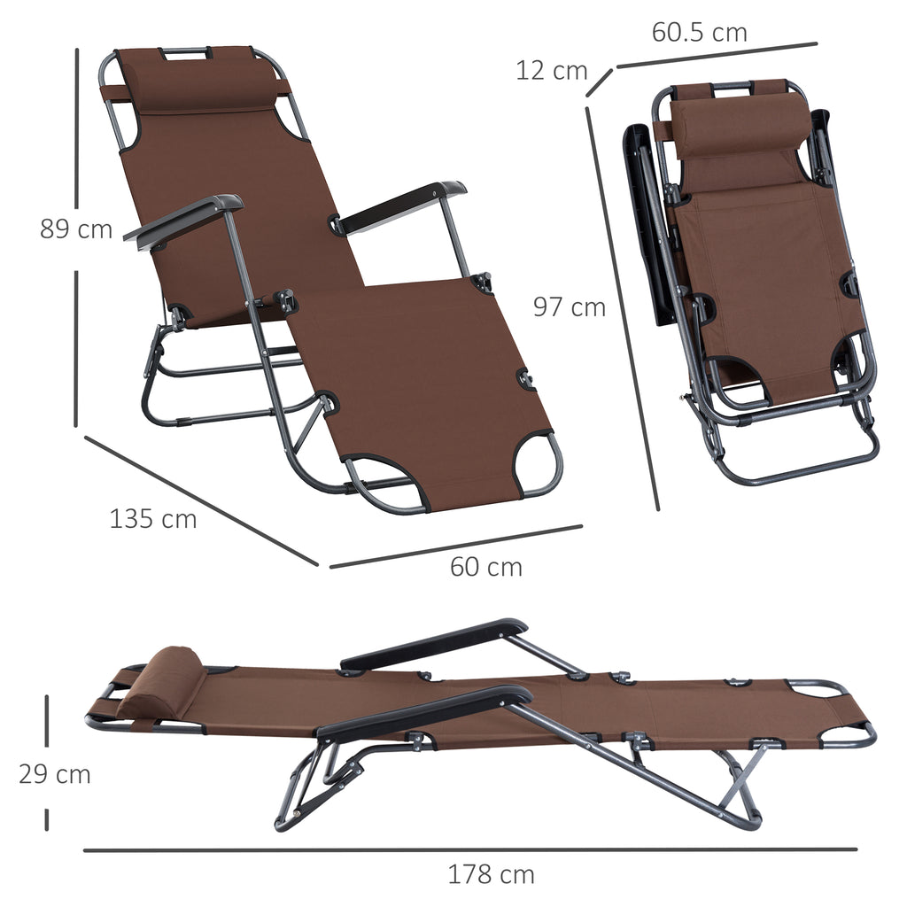 Folding and Collapsible Garden Lounger in Oxford Fabric, 135x60x89cm - Brown