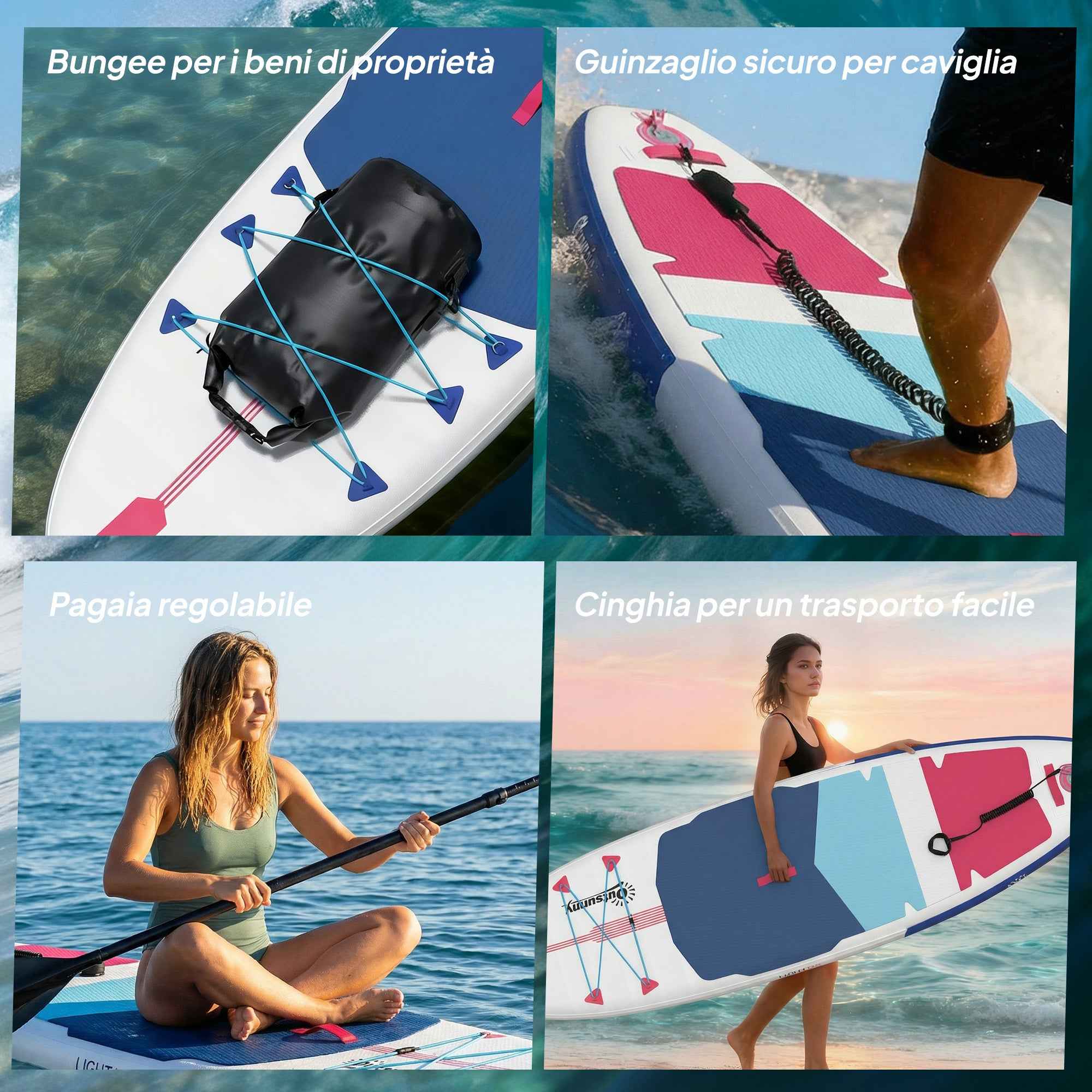 Outsunny Inflatable SUP with Seat, Paddle and Accessories, in Plastic and EVA, 305x89x15 cm, Blue Red Pink