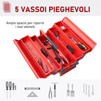 Folding Steel Tool Box with 5 Trays, Tool Case 56x20x41 cm, Red