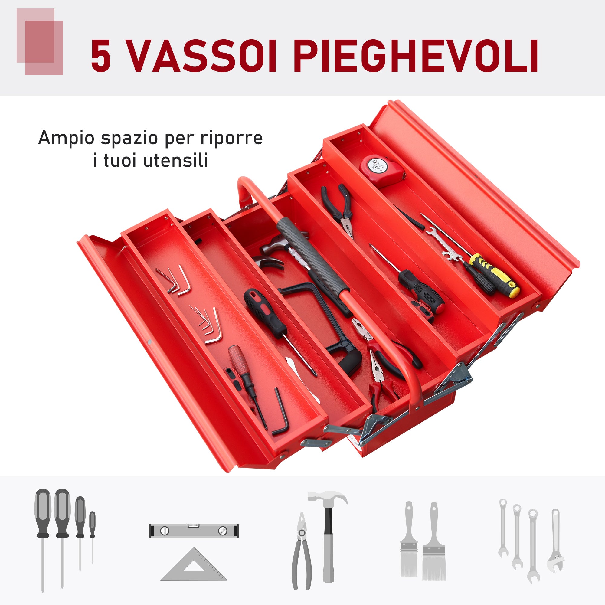 Folding Steel Tool Box with 5 Trays, Tool Case 56x20x41 cm, Red