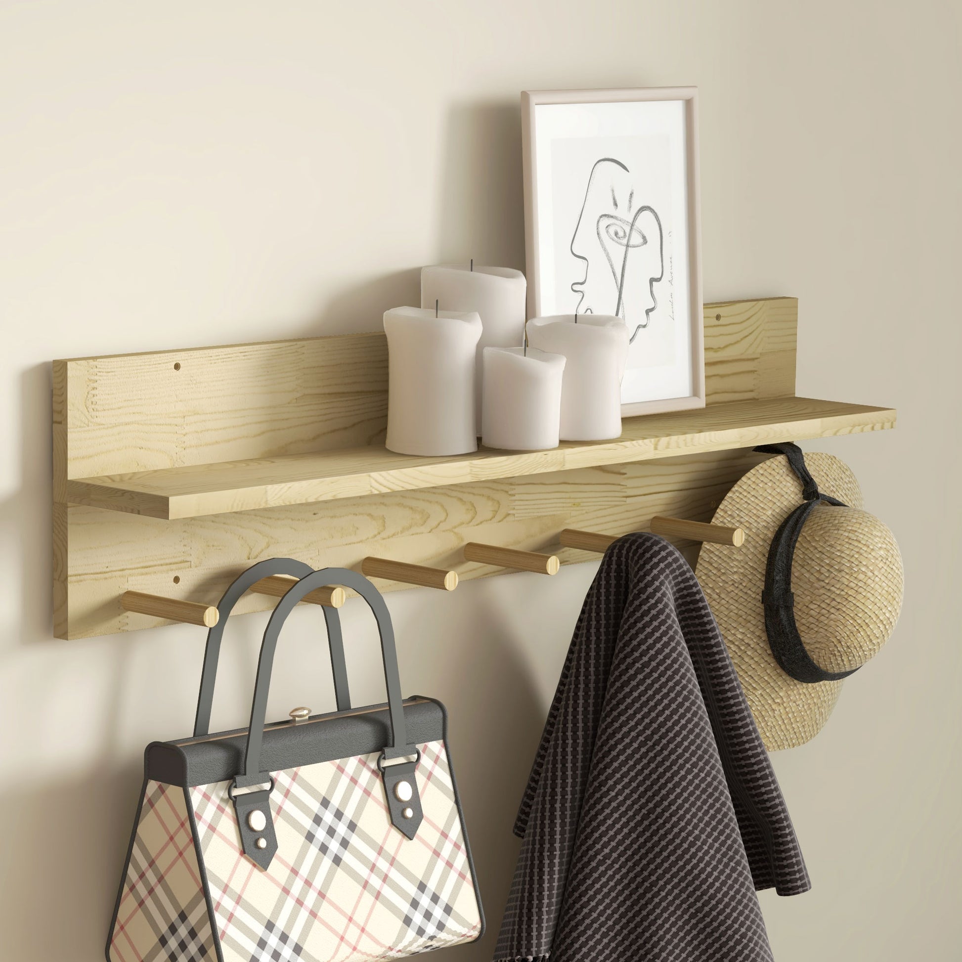 HOMCOM Wall Shelf in Fir Wood with 7 Hooks for Entrance and Living Room, 80x12x20 cm - Borgè