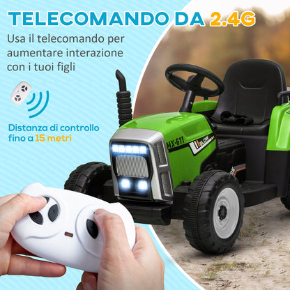 HOMCOM Electric Tractor for Children 3-6 Years with Removable Trailer, 12V Battery and Remote Control, Green - Borgè