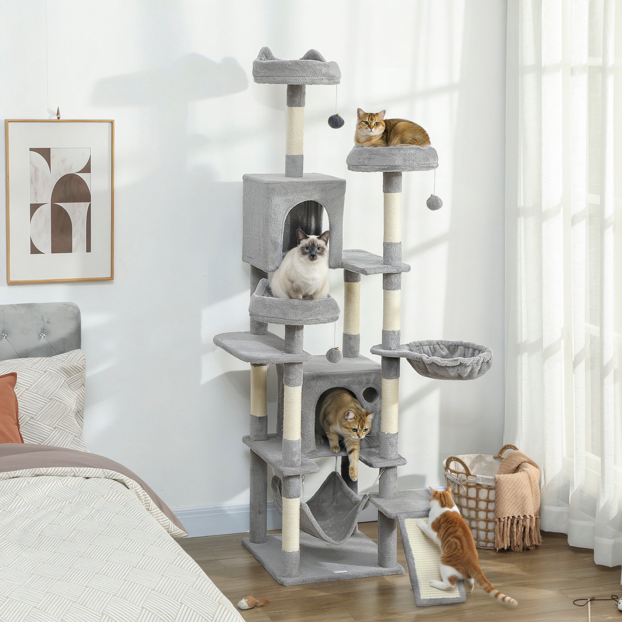 Cat Tree with Ladder, 2 Hammocks, 3 Perches, 2 Houses and 3 Platforms, 48x48x192 cm, Grey and Cream