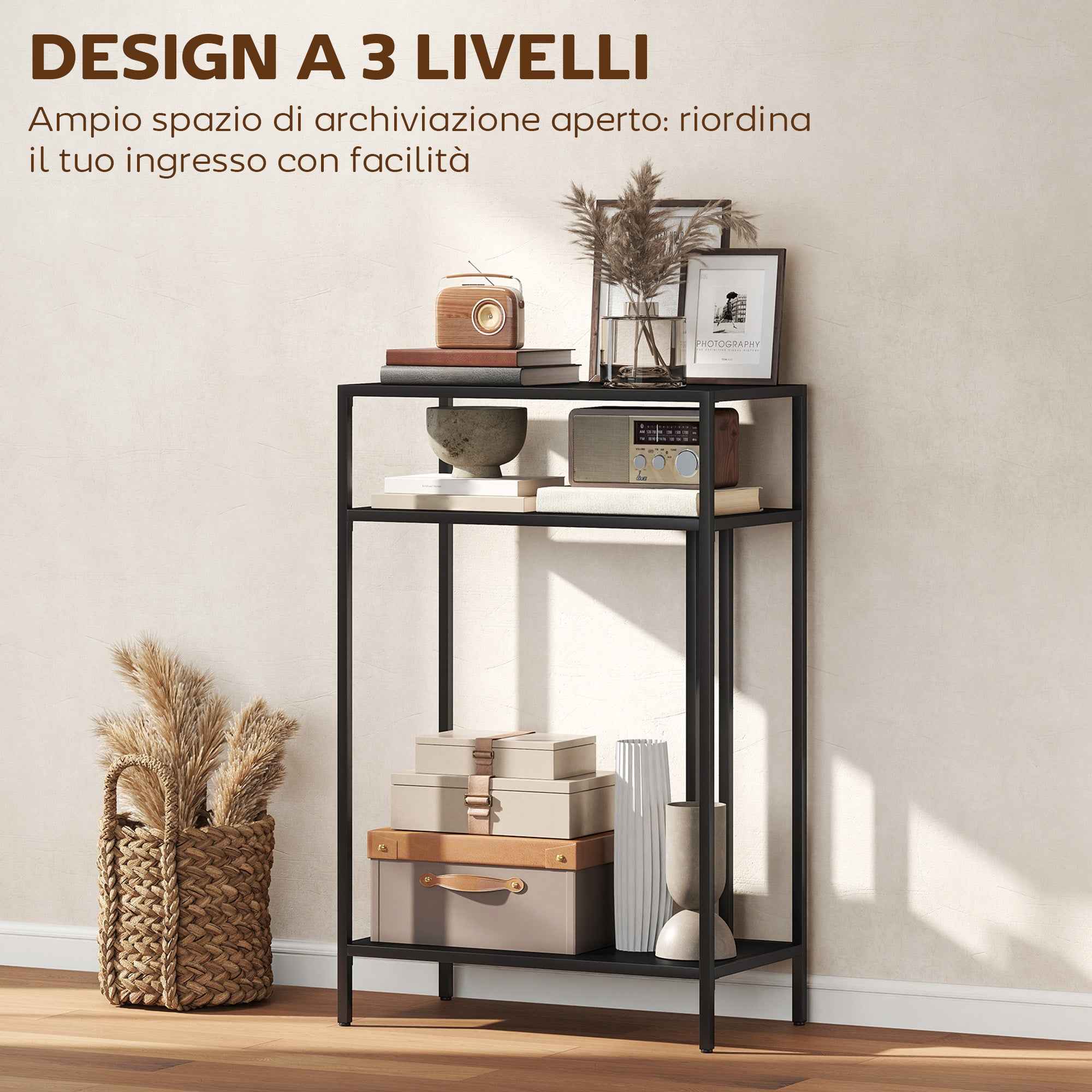 HOMCOM Console Table with 3-Tier Open Shelves, Steel, 55x30x85 cm, Black