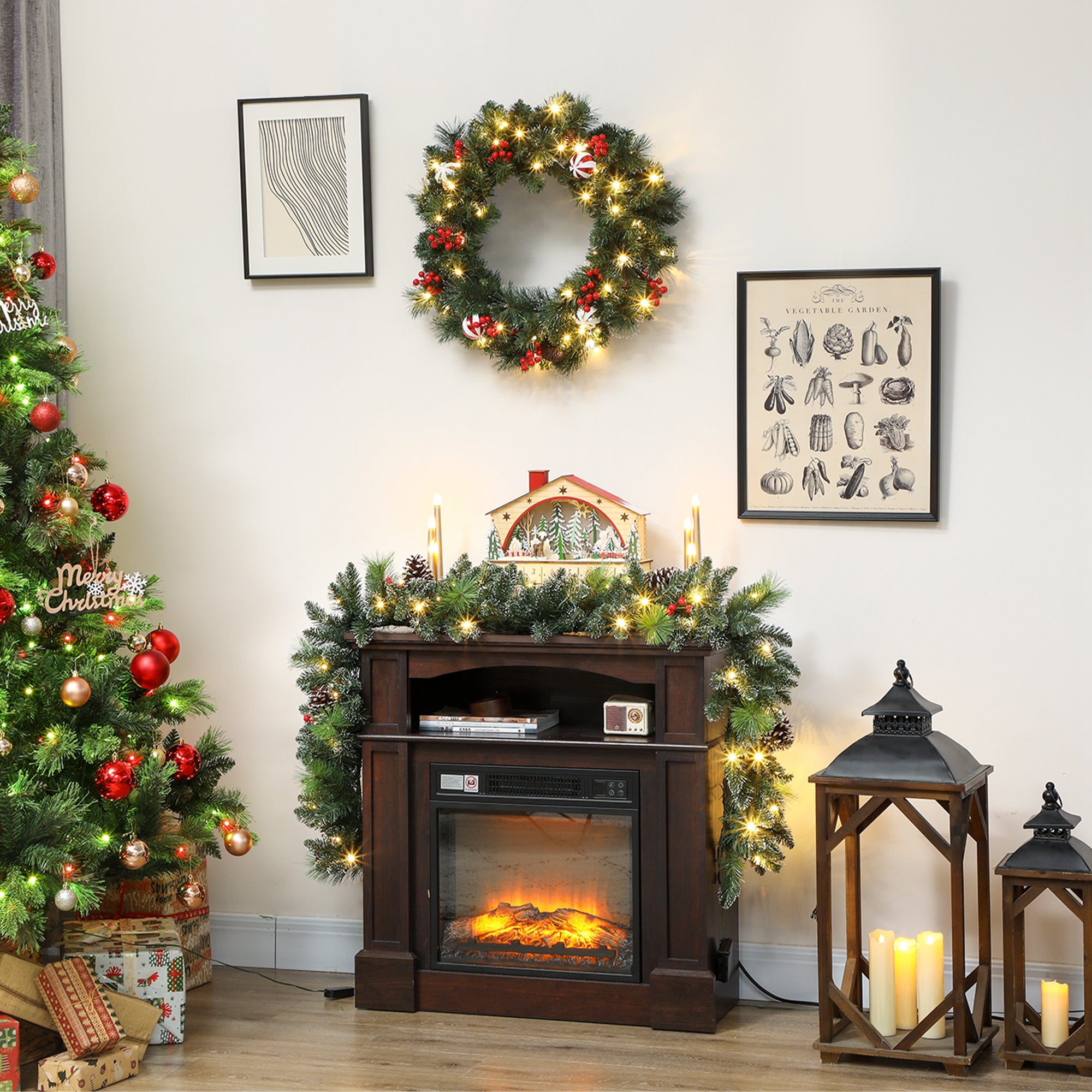 180cm Christmas Garland with Snow-Covered Branches and 30 White Lights, Pine Cones and Berries for Indoors