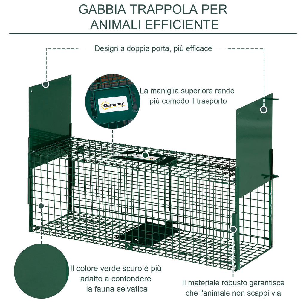 Small Live Animal Trap Cage with Double Door and Handle, 80x25x30cm, Dark Green
