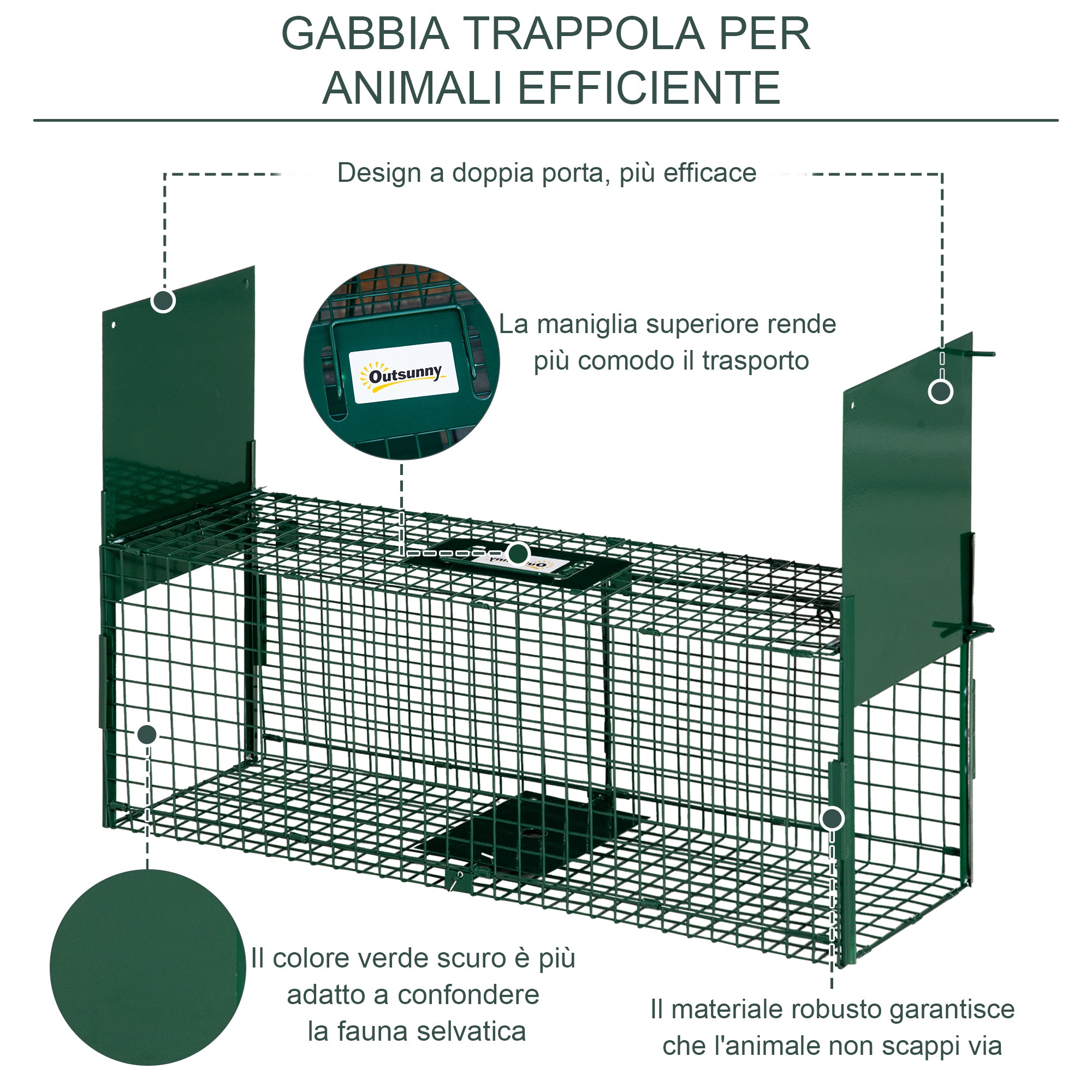 Small Live Animal Trap Cage with Double Door and Handle, 80x25x30cm, Dark Green