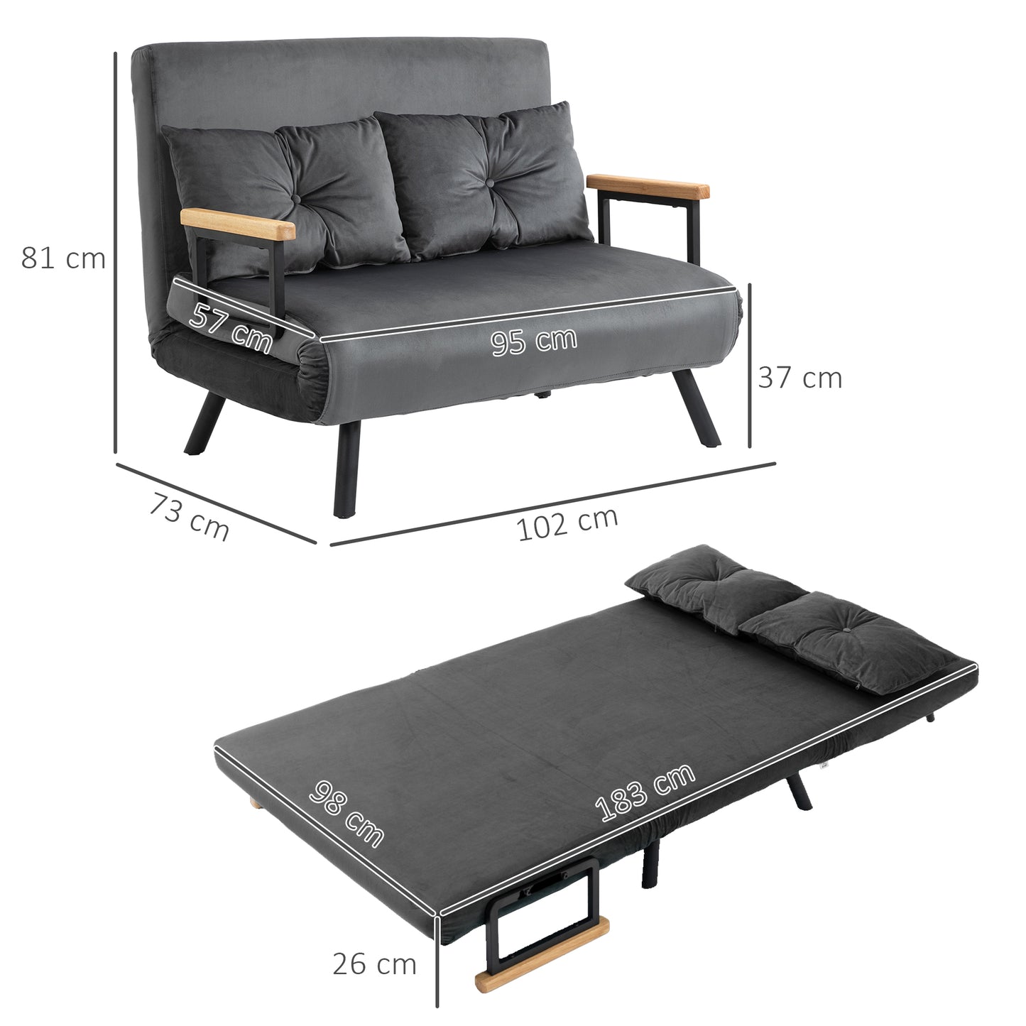 Velvet Fabric Sofa 3 in 1 Bed with Adjustable Backrest and 2 Cushions, 102x73x81 cm, Dark Grey