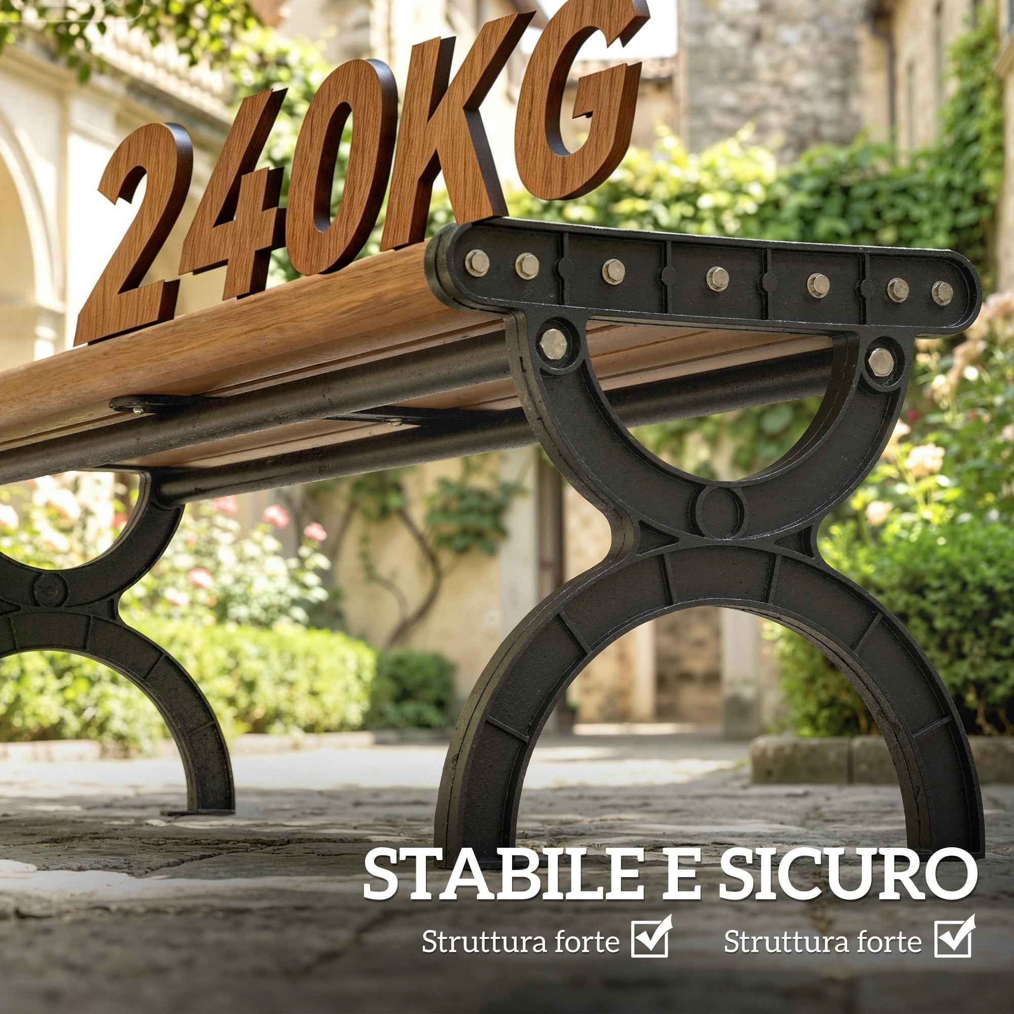 Outsunny 2-Seater Outdoor Metal Bench, 124x39x39 cm, Wood and Black