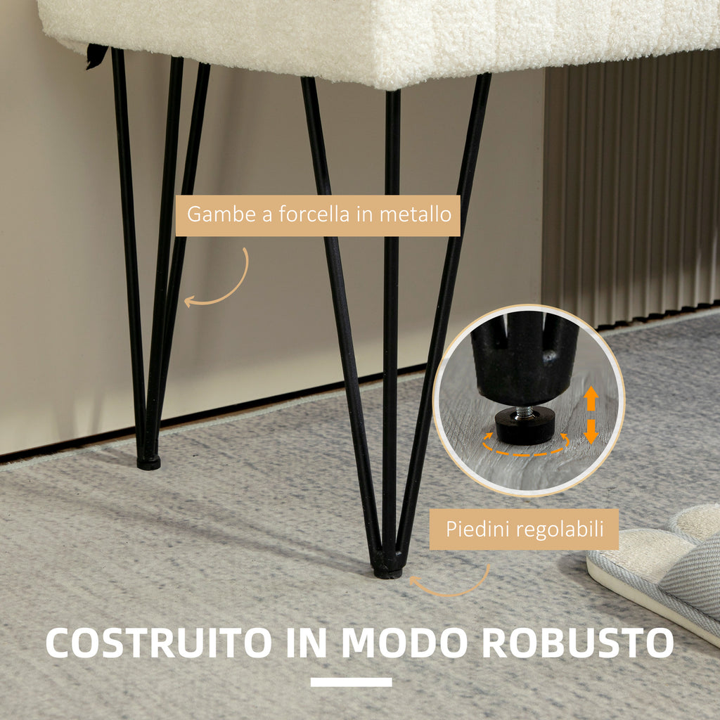 Modern Bedside Bench with Hairpin Legs, in Chenille Effect Fabric, Wood and Metal, 118.5x46x49.5 cm, Cream